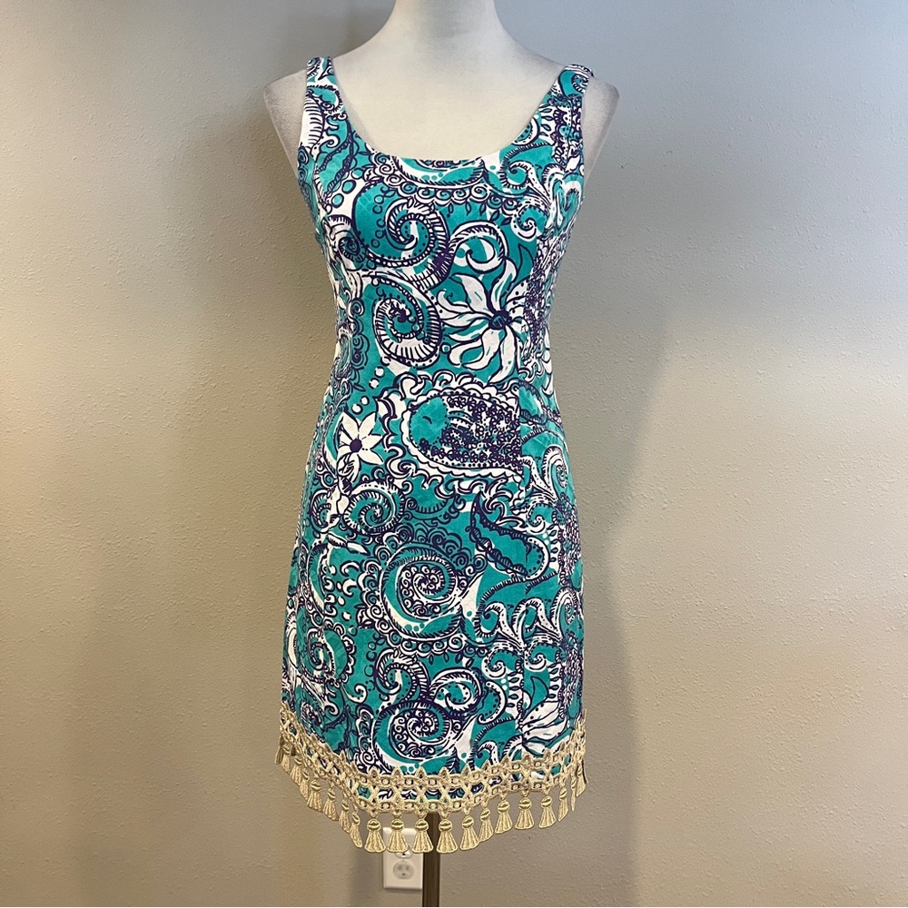 Lilly Pulitzer Eaton shift dress in the 'Montauk Seafoam' print with gold tassel